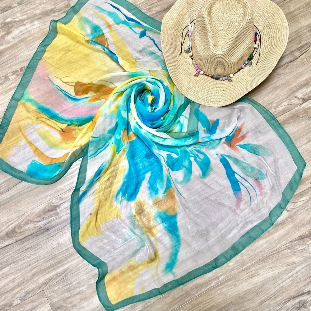 Aqua dream SILK SCARF/body wrap w abstract floral and resort vacay beach vibe